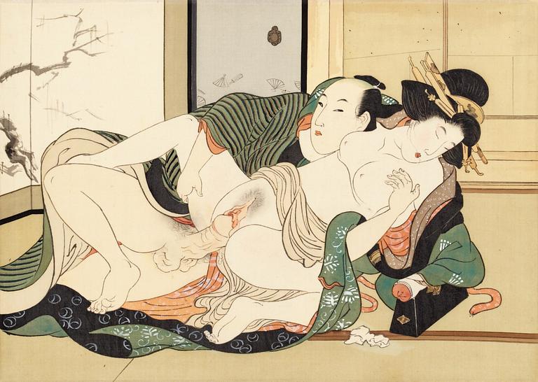 SHUNGA ALBUM. Utagawa school, Japan, late Edo (1603-1868) or Meiji period (1868-1912). Comprising twelve silk paintings.