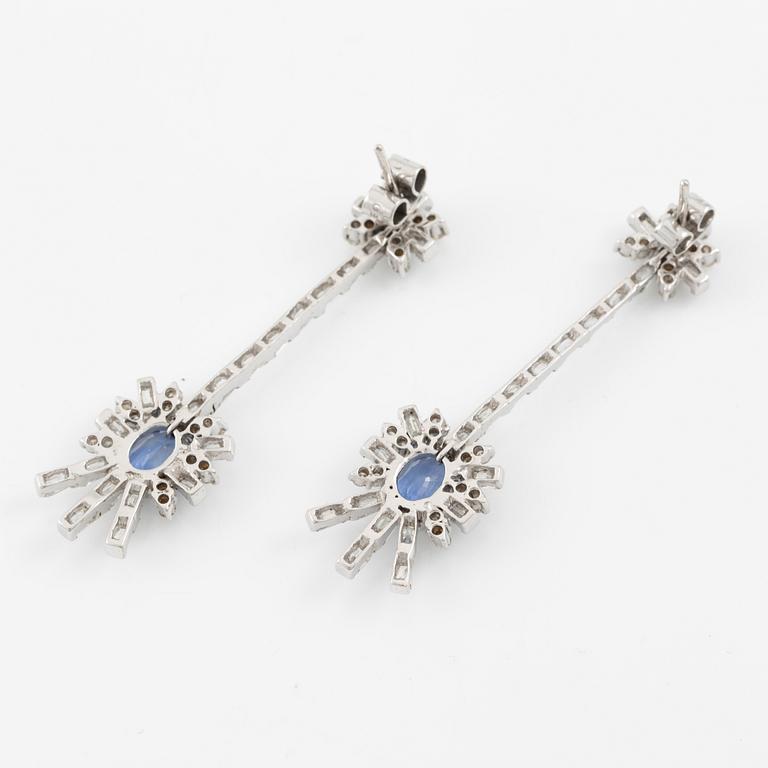 Earrings, 18K white gold set with sapphires and round brilliant-cut and baguette-cut diamonds.