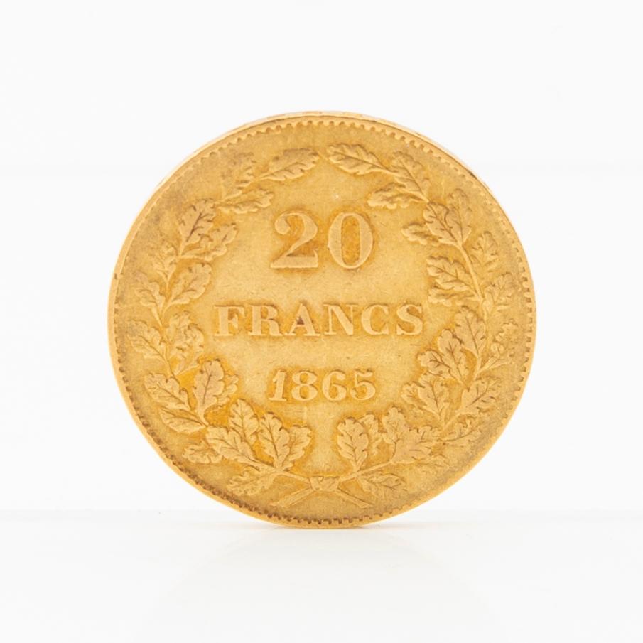 Gold coin 20 francs 1865 Belgium Leopold I.
