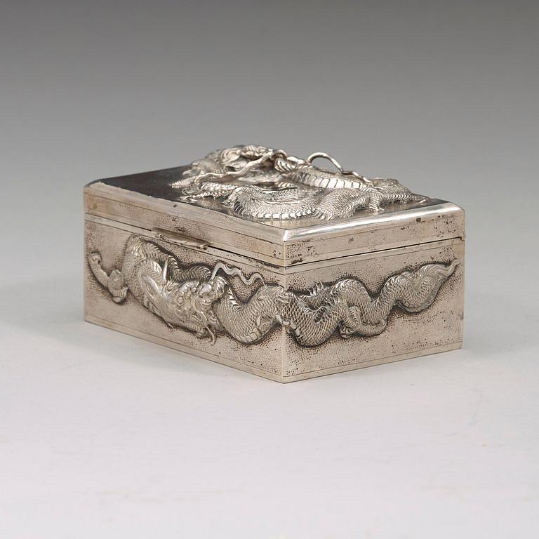 A cigarr box, salt and match box holder, export silver, partially Chen Hua, early 20th century.