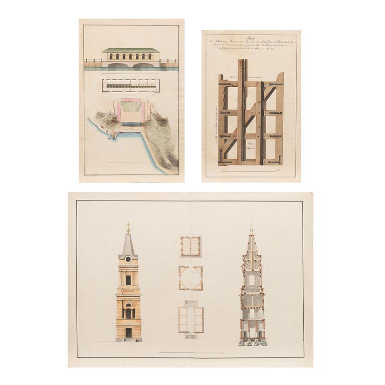 AKVARELLER/RITNINGAR, 3 st. tillskrivan Carl Ludwig Engel (1778-1840), ej signerade.