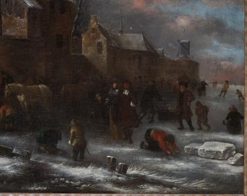 Klaes (Nicolaes) Molenaer Attributed to, Winterlandscape with figures outside the city wall.