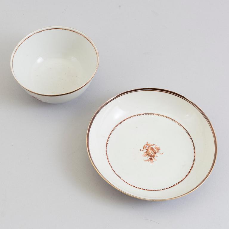 Three Chinese porcelain cups and saucers, late 18th Century.