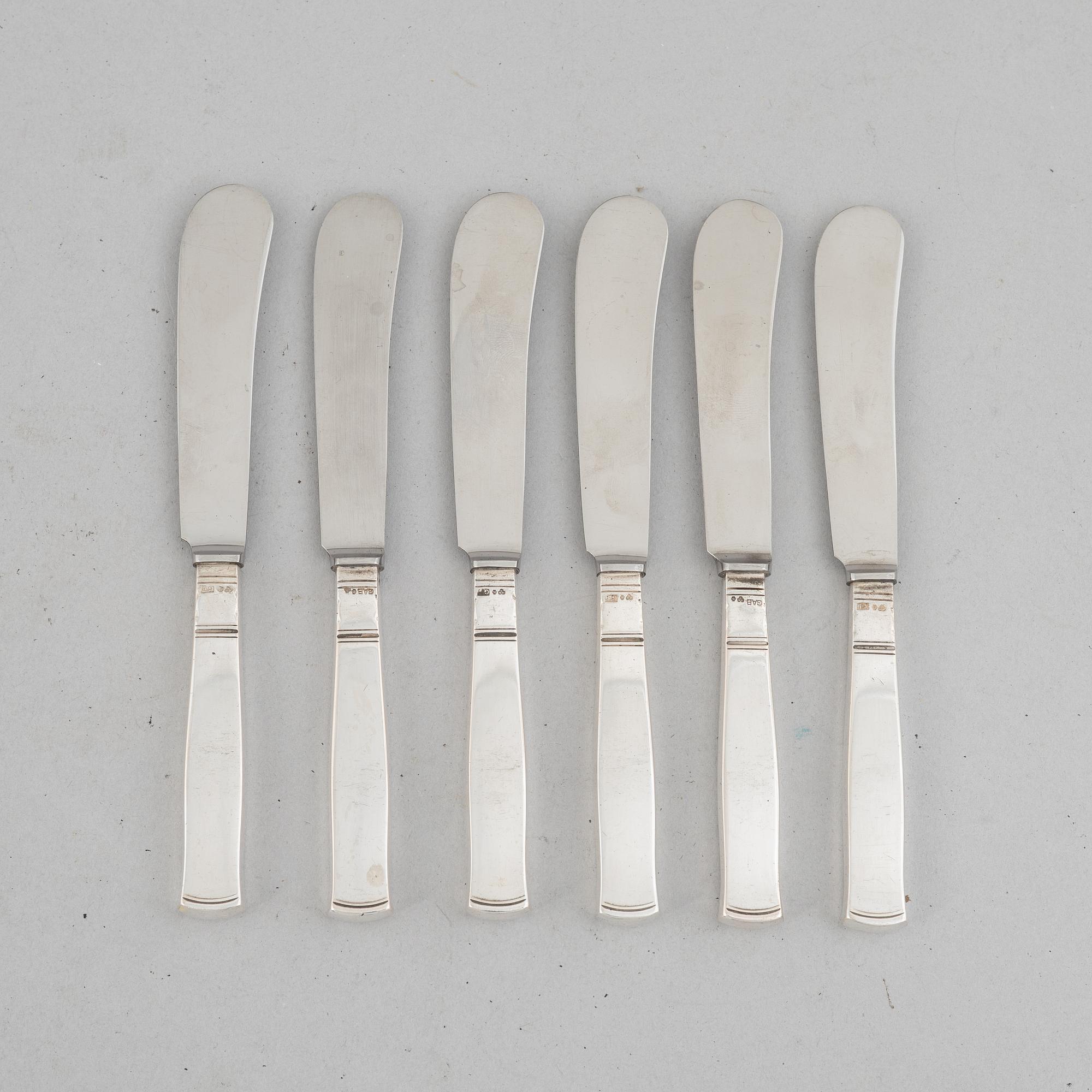 Jacob Ängman, six silver butter knives, model 'Rosenholm', GAB, Stockholm 1951-57.