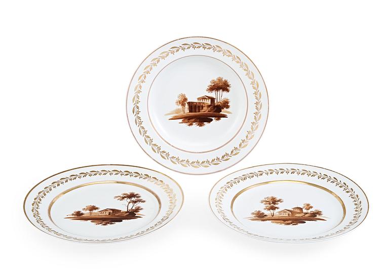 A SET OF THREE PLATES, Two plates and one soup plate.