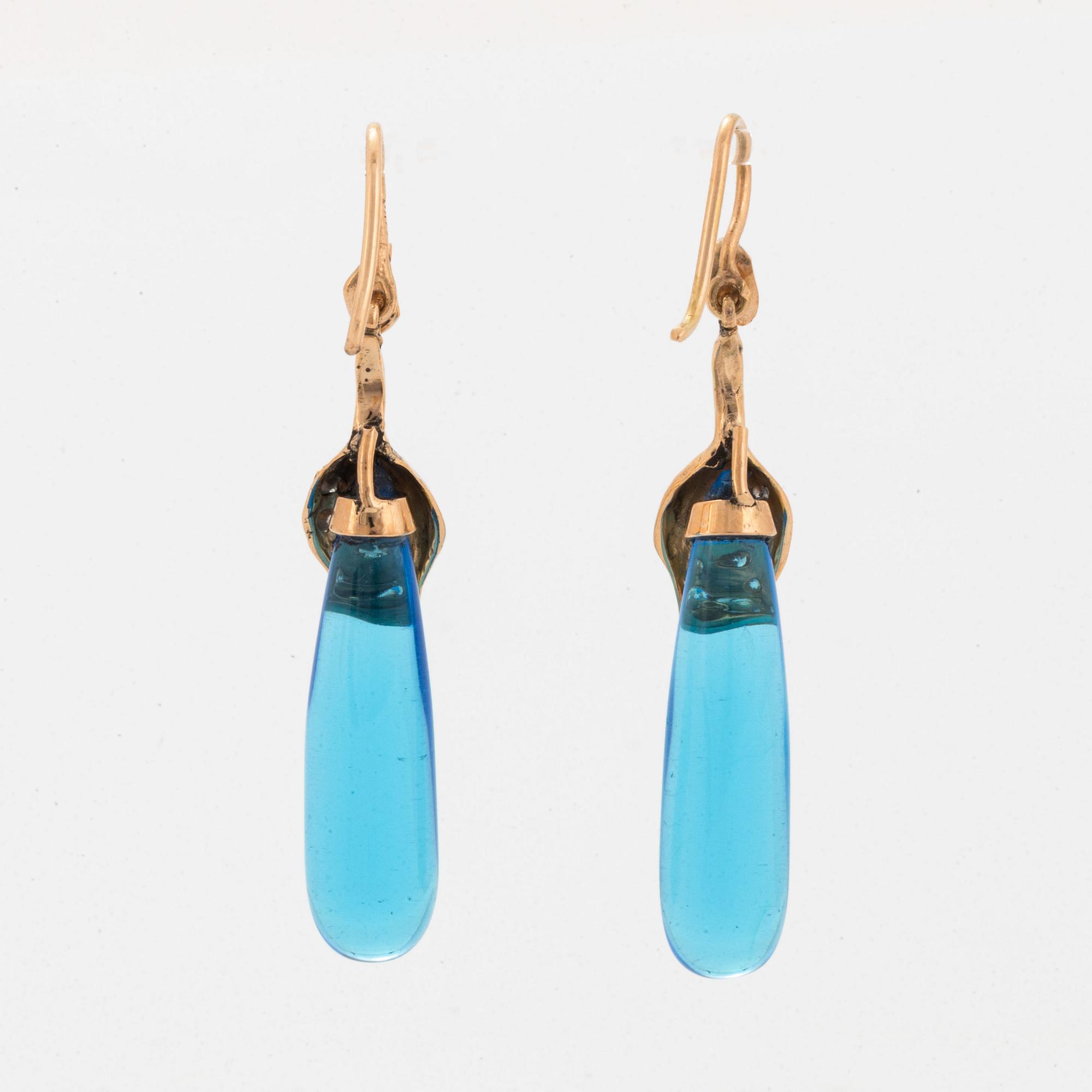 Colour treated blue quartz drop and brilliant-cut diamond earrings.