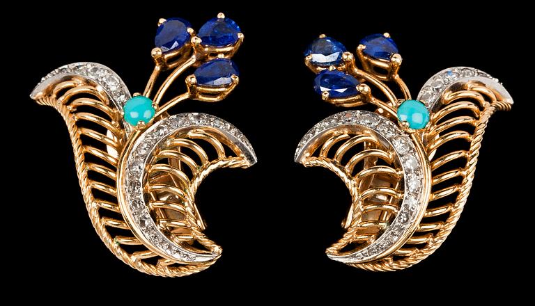 A pair of blue sapphire, turquise and diamond earrings, 1950's.