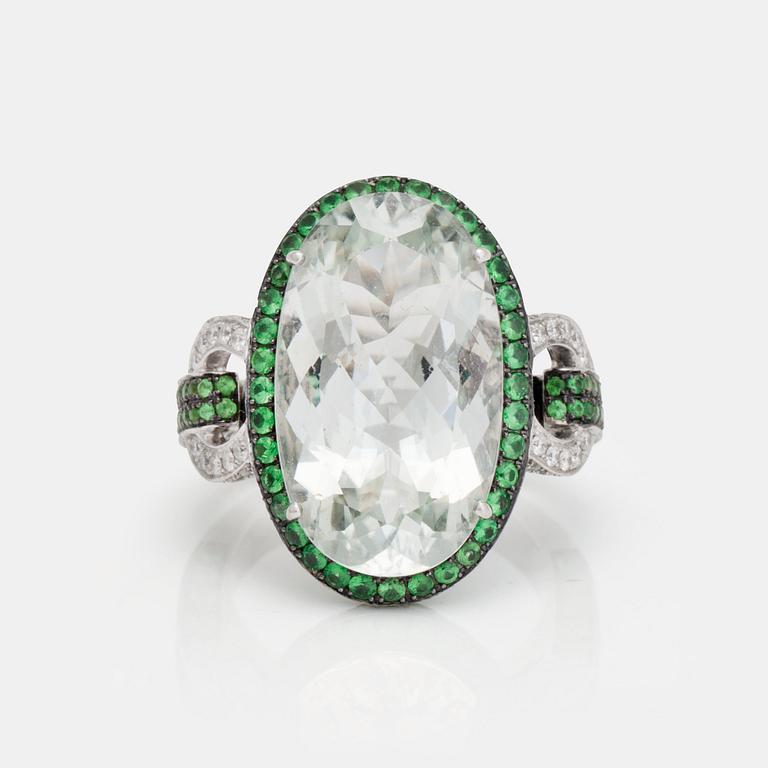 A circa 15.86 ct prasiolite, tsavorite and diamond ring. Total weight diamonds circa 0.40 ct. Made by Charles Greig.