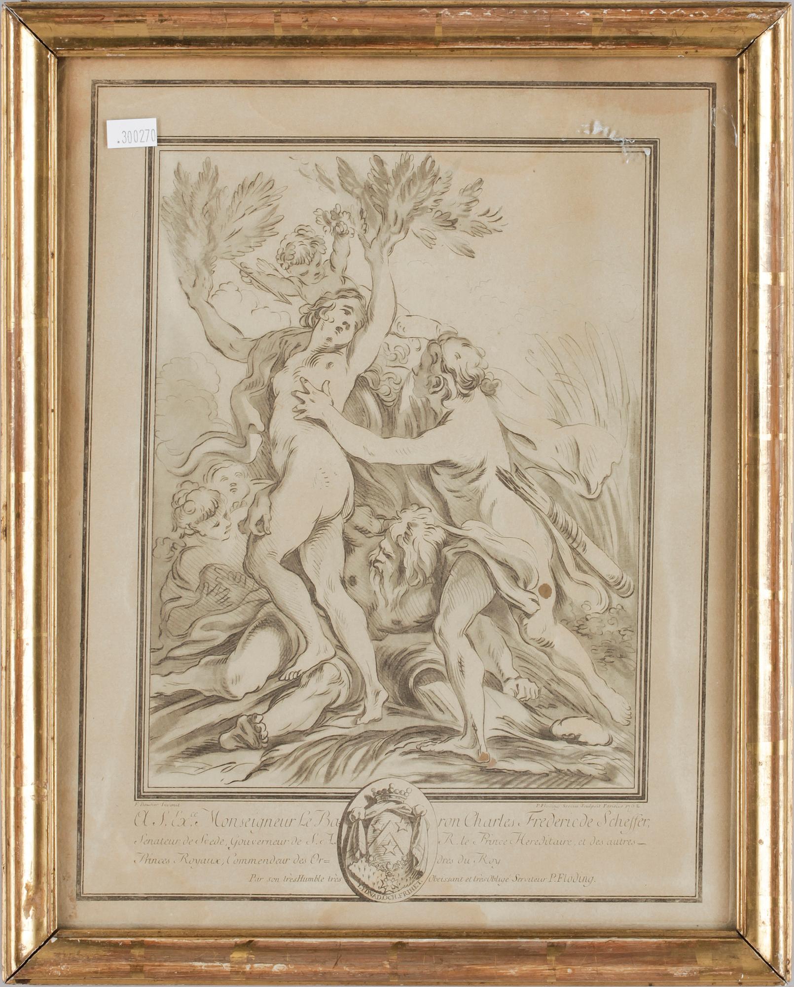 PER GUSTAF FLODING resp JACQUES-PHILIPPE LEBAS, 2+1, gravyrer, efter François Boucher, dat 1744-62 i trycket.