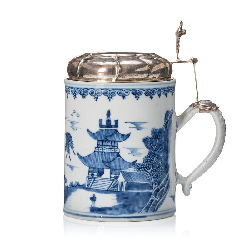 A blue and white Chinese Export silver mounted tankard, Qing dynasty, Qianlong (1736-95). Bergen, Norway 1783.