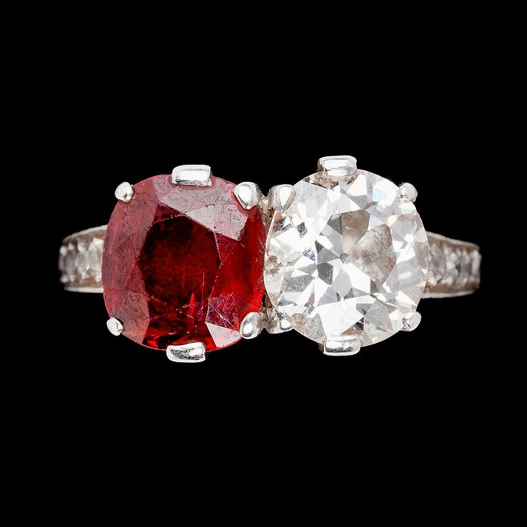 An old cut diamond and ruby ring, app. 2 cts each, 1930's.