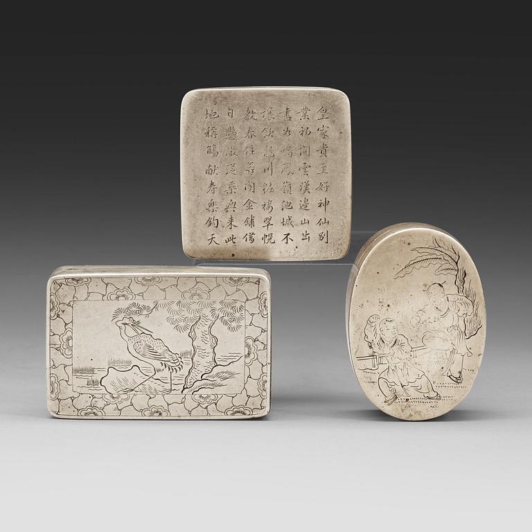 A set of three Chines silver plated ink boxes, about 1900.