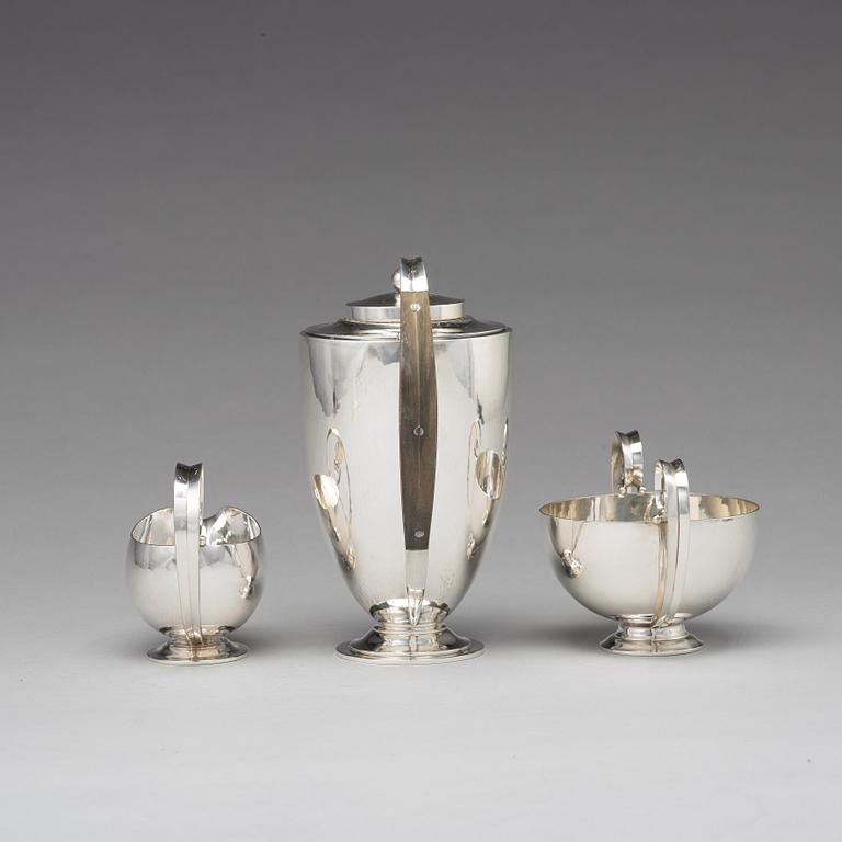 Johan Rohde, a set of three pieces of sterling coffee service, Georg Jensen, Copenhagen 1933-44, design nr 321 and 321A.