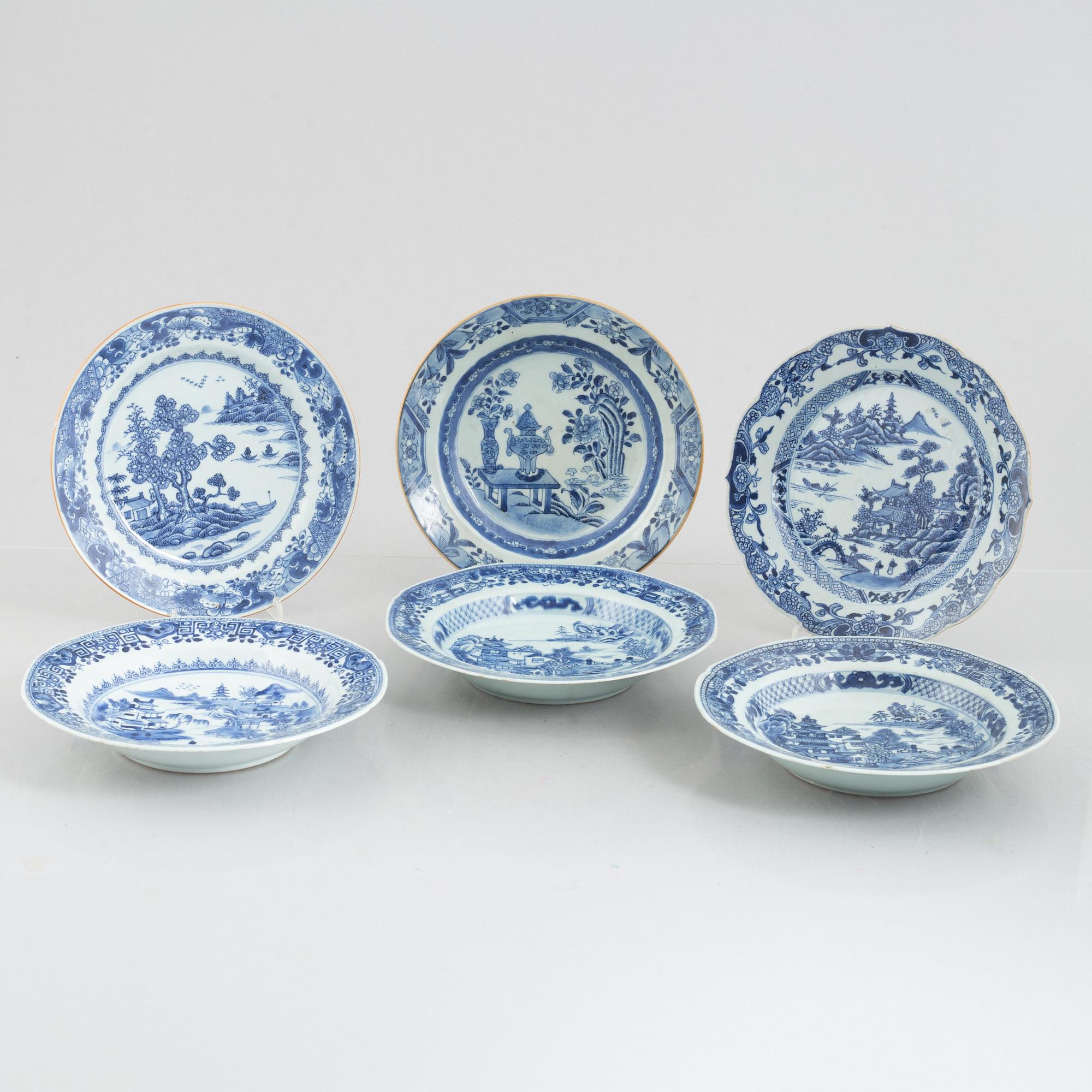 Tallrikar, 6 st, kompaniporslin, Kina, Qianlong (1736-95).