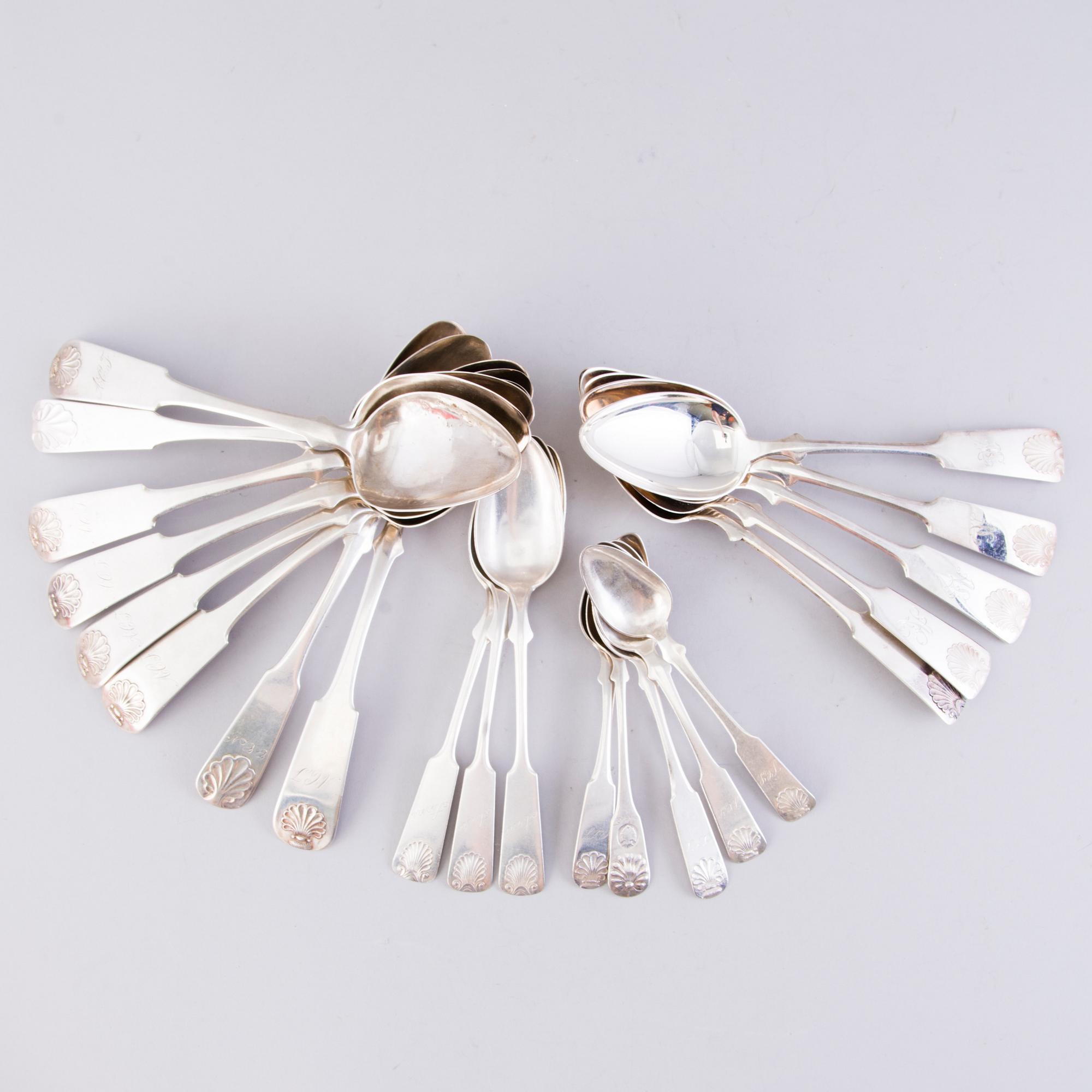 Silver cutlery with sea shell decoration, totally 27 pcs, Finnish hallmarks, 1848 - 1959.