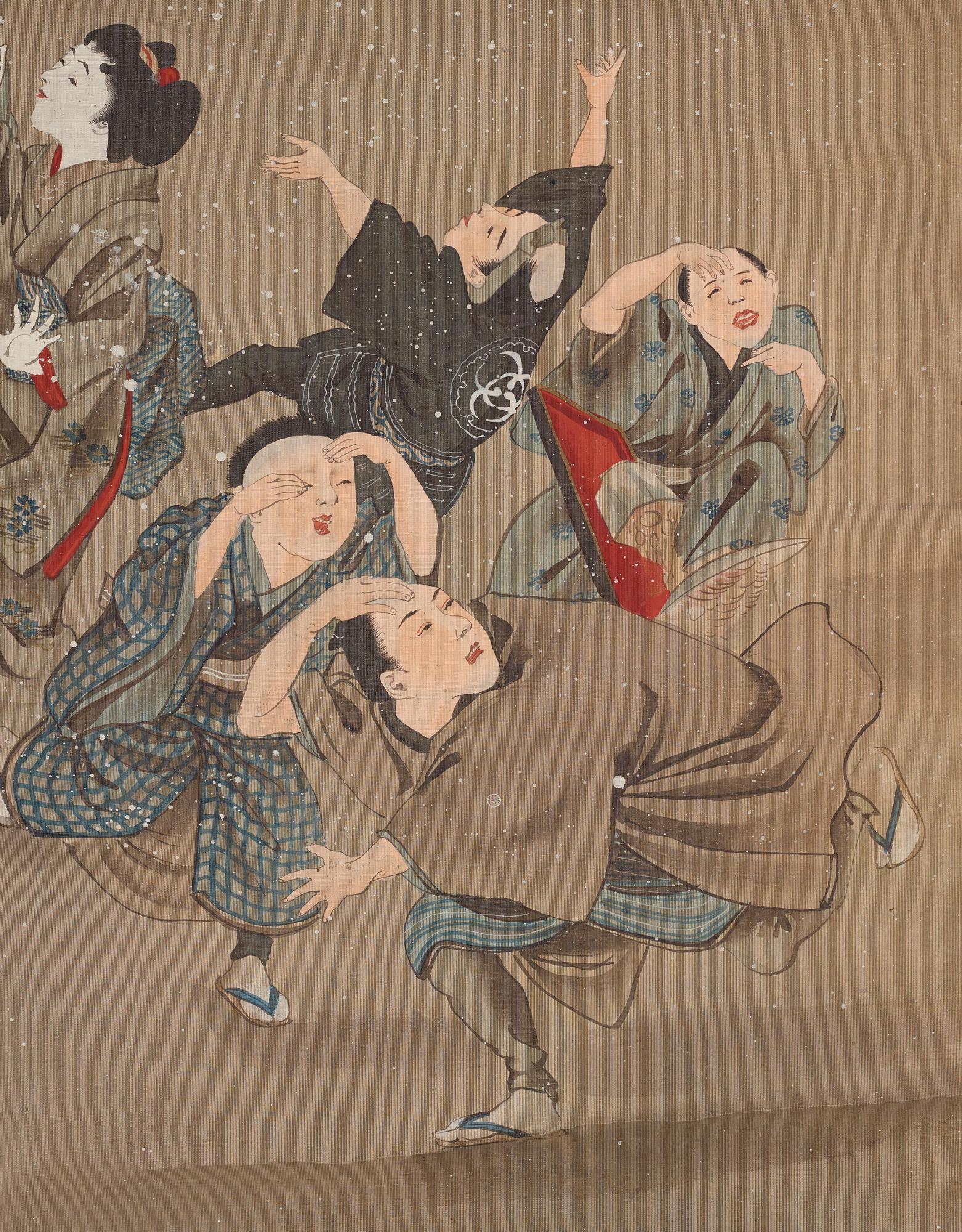 RULLMÅLNINGAR, sex stycken, tusch och färg på papper. Japan, Meiji (1868-1912).