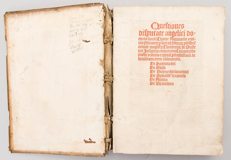 TUOMAS AKVINOLAINEN, Questiones disputate angelici doctoris, Köln 1500, kustantaja Heinrich Quentell.