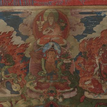 THANGKA, färgpigment på bomull och papper. Tibet, 17/1800-tal.