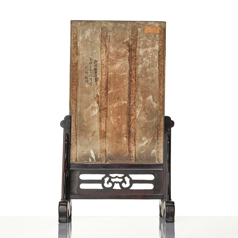 A Chinese famille rose porcelain table screen with hardwood stand, 20th century.