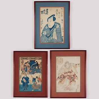 Utagawa Kunisada, träsnitt, 2 st, Japan, innan 1842, samt träsnitt av oidentifierad konstnär, Japan, 1862.