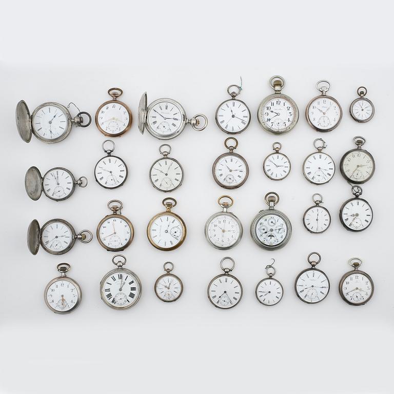 SAMLING FICKUR, 28 st, mest silver, sent 1800-tal till 1900-talets första hälft. Tot ca 2500 gram.