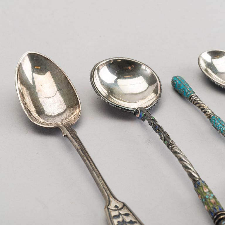 A set of six Russian silver and enamel spoons, around 1900 weight ca 195 gr.