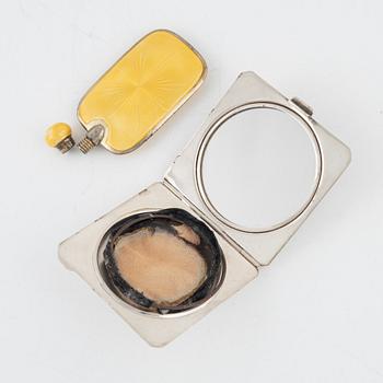 Powder box, silver, and enameled perfume bottle.