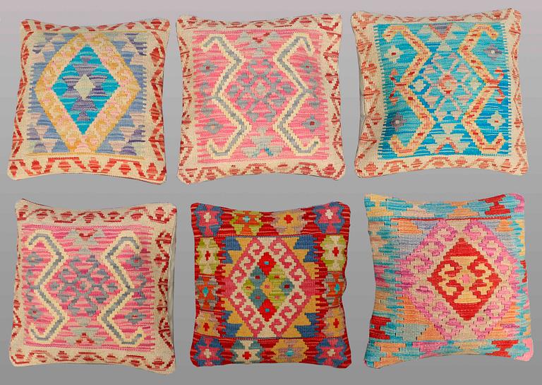 Six Kilim cushions, ca 47 x 47 cm.