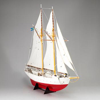 A painted wood ships model of Swedish navy ship 'Falken'.
