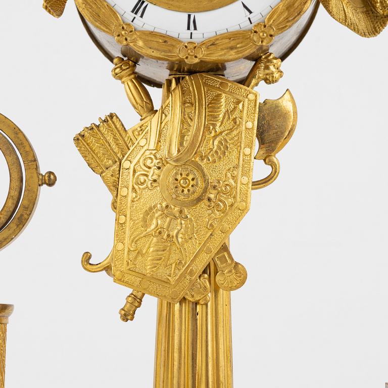 A French Empire ormolu figural mantel clock, early 19th century.