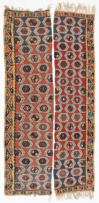 Carpet, probably an Anatolian Kelim, antique, two panels, each c. 380-390 x 87-102 cm.