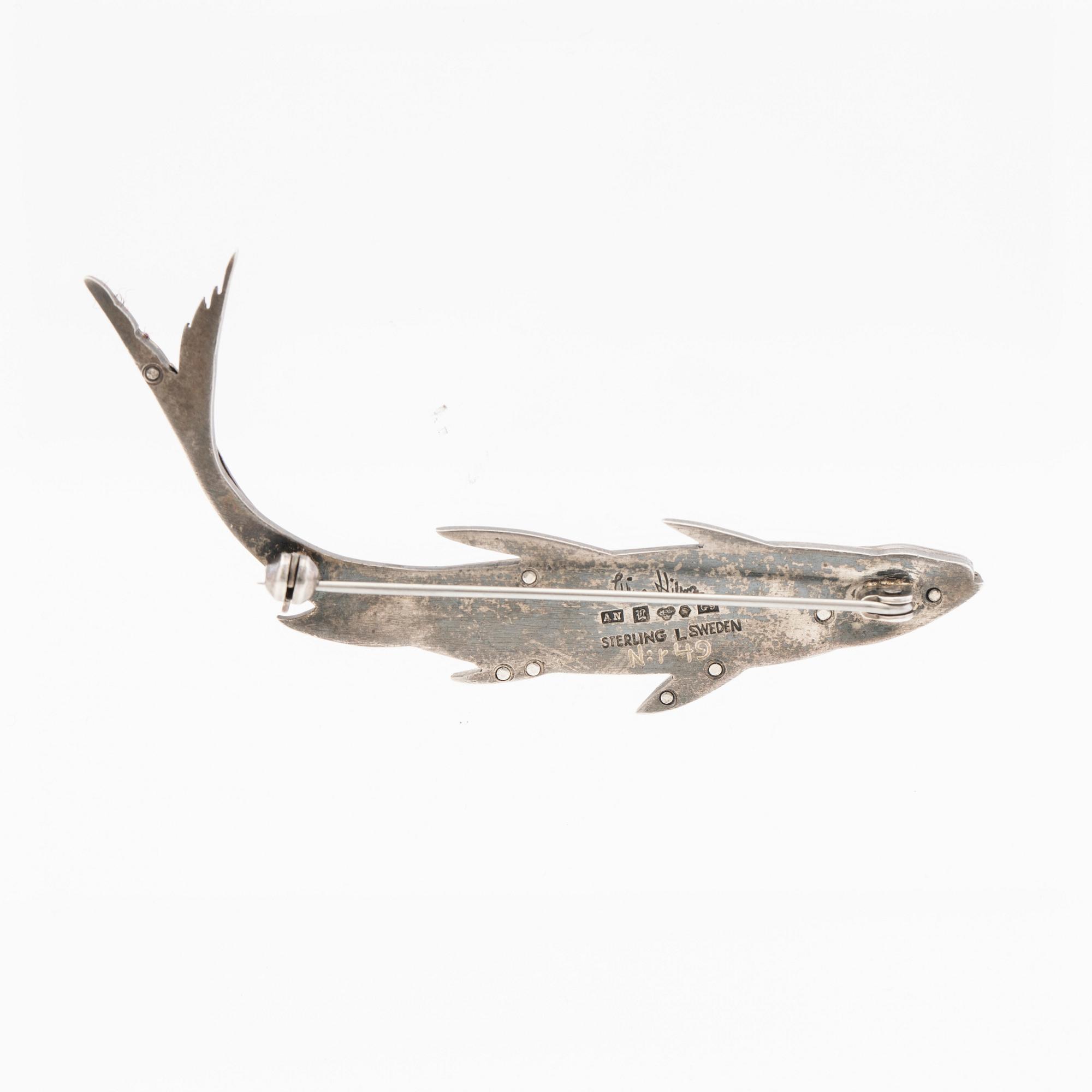 Wiwen Nilsson, brooch, in the shape of a fish, silver, Lund, 1957.