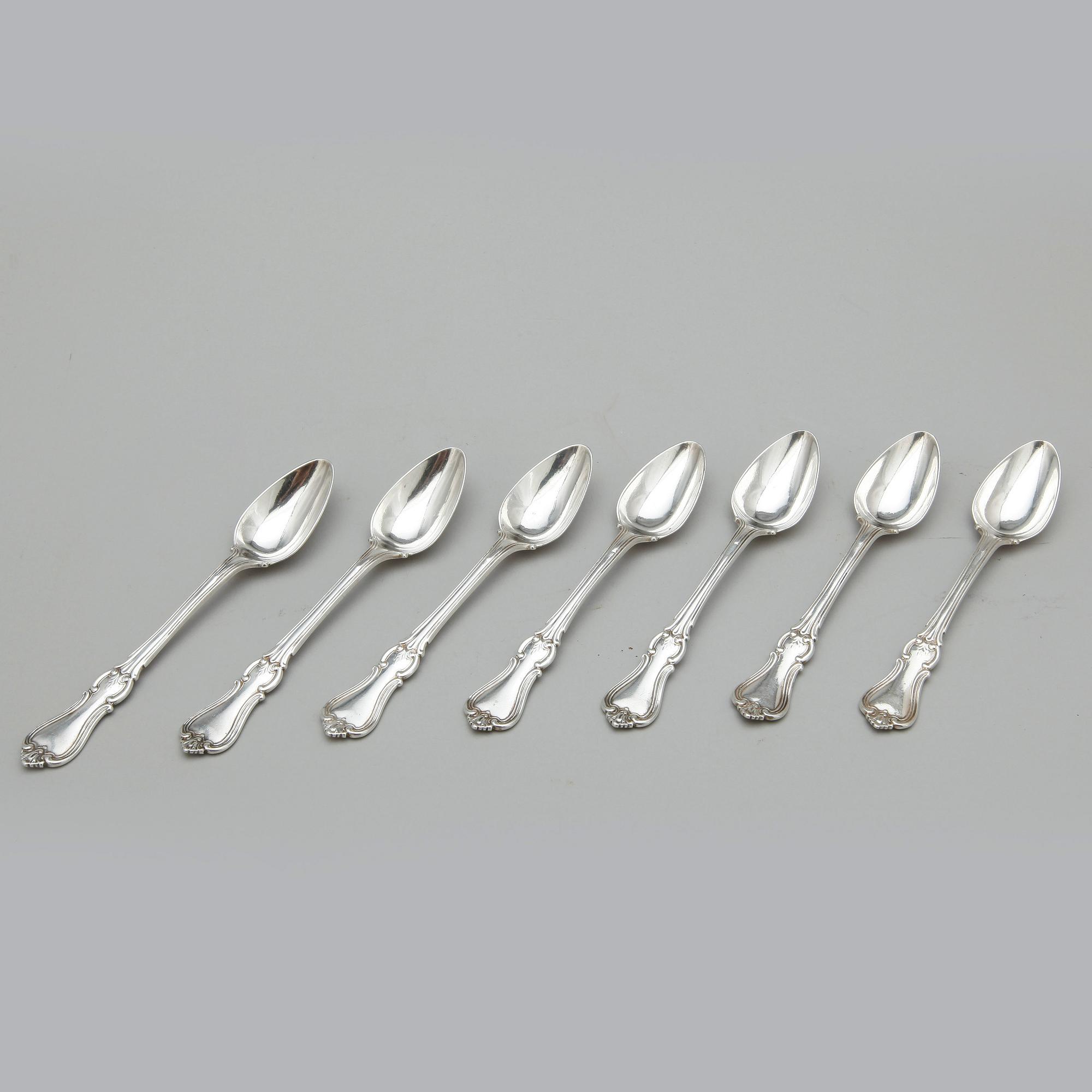 EFTERRÄTTSSKEDAR, 7 st silver, Christian Hammer, Stockholm 1857. Total vikt ca 266 gram.