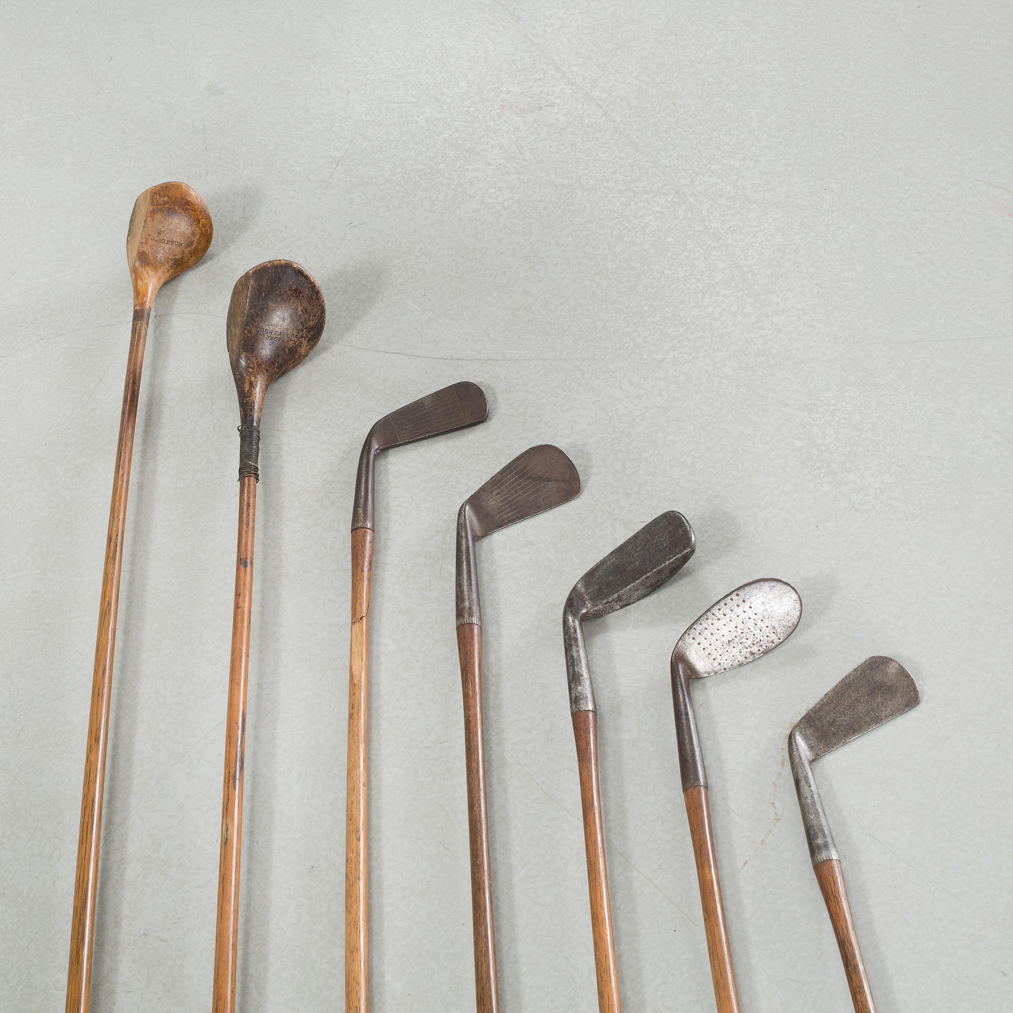 Seven golf clubs with bag, clubs by by "J Winton" & "Josh Taylor",, first half of the 20th century.