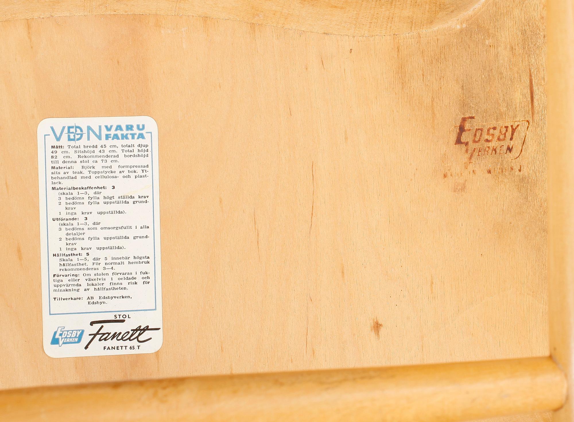 STOLAR, 6 st, "Fanett", Ilmari Tapiovaara, Edsbyverken, 1900-talets mitt.