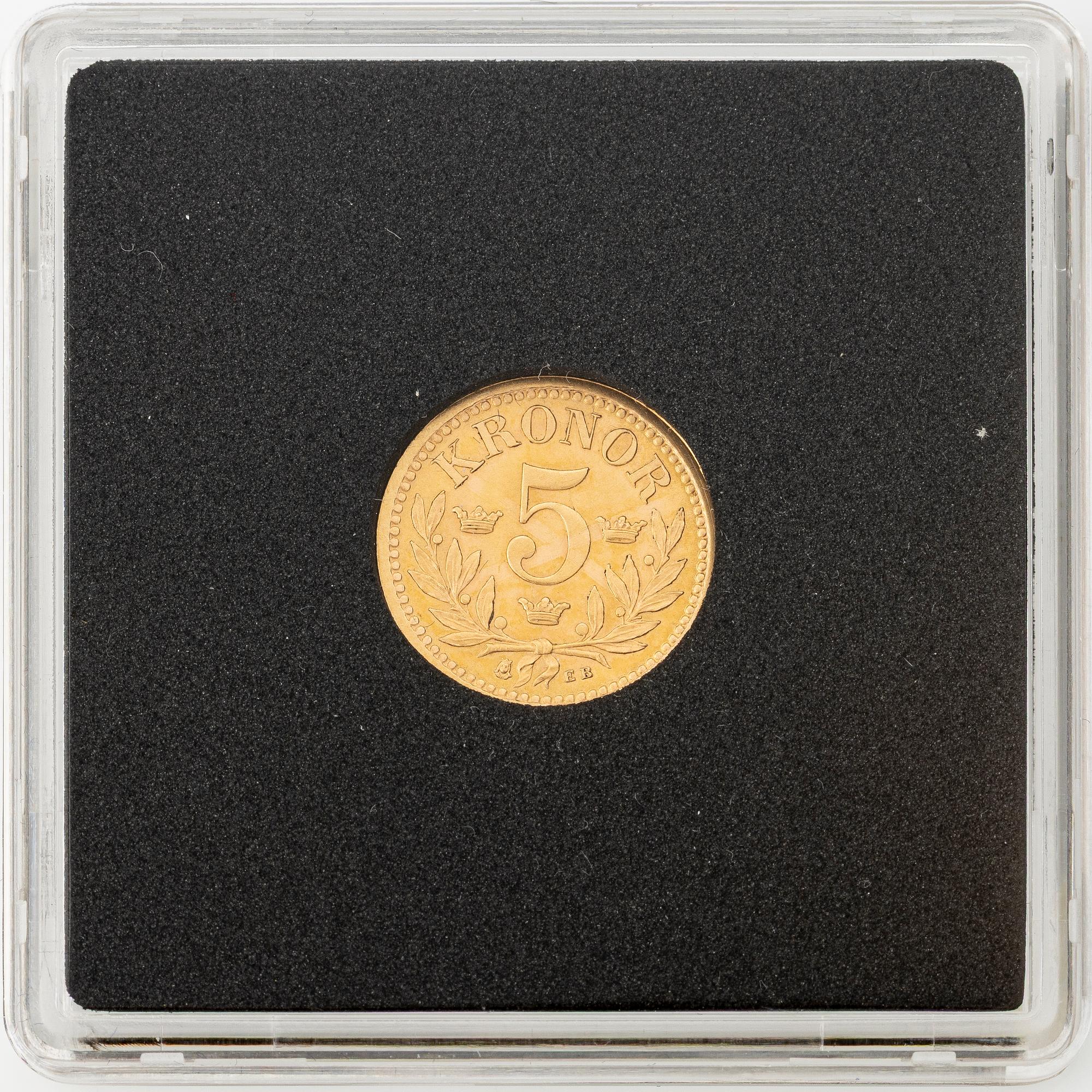 Gold coin, Oscar II, 5 kronor, type II, Sweden 1901.
