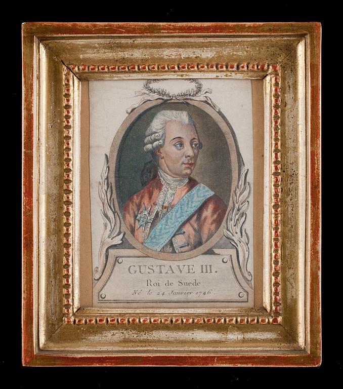 FÄRGGRAVYR, föreställande Gustav III, 1700-tal.
