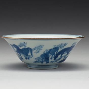 A blue and white bowl with 'General Mu's eight horses', Transition, 17th Century, with Jiajing six character mark.