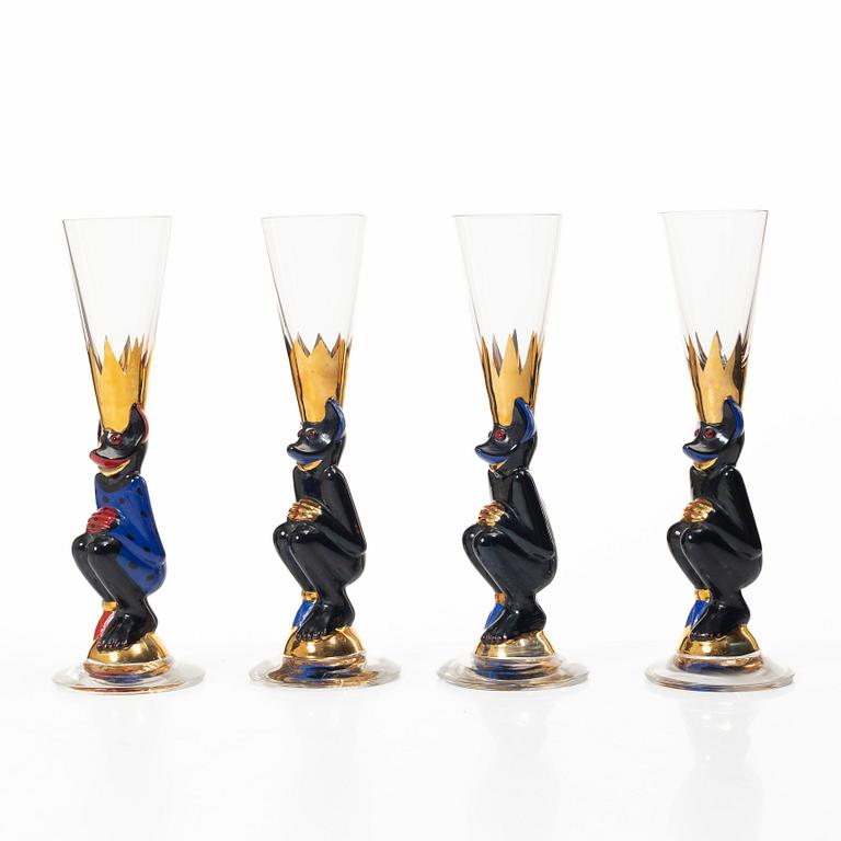 Gunnar Cyrén, four shot glasses, 'Djävulsglas', Nobel, Orrefors.