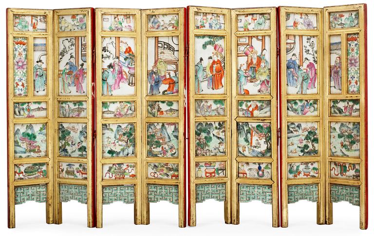 A famille rose eight fold screen, Qing dynasty, ca 1800.