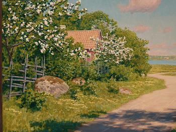 Johan Krouthén, Sommarlandskap med blommande fruktträd.
