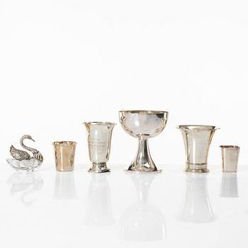 Five silver beakers and a salt cellar, including mark of Gustaf Jansson, CG Hallberg, Stockholm 1960.