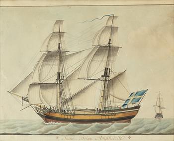Skeppsporträtt, "Snau Brigg Amphitrite", omkring 1800.