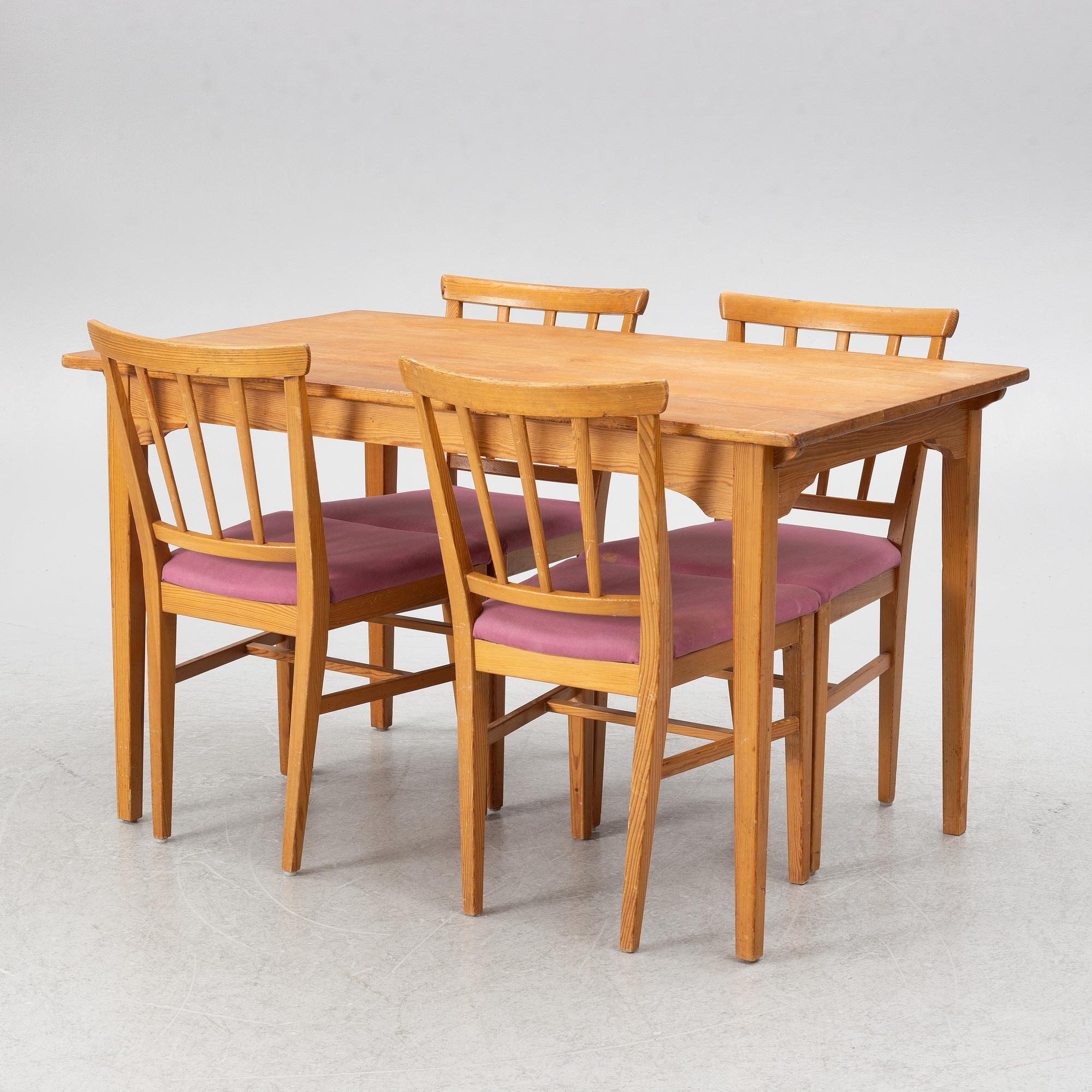 Carl Malmsten, dining table and four chairs, including Svensk Fur, second half of the 20th century.