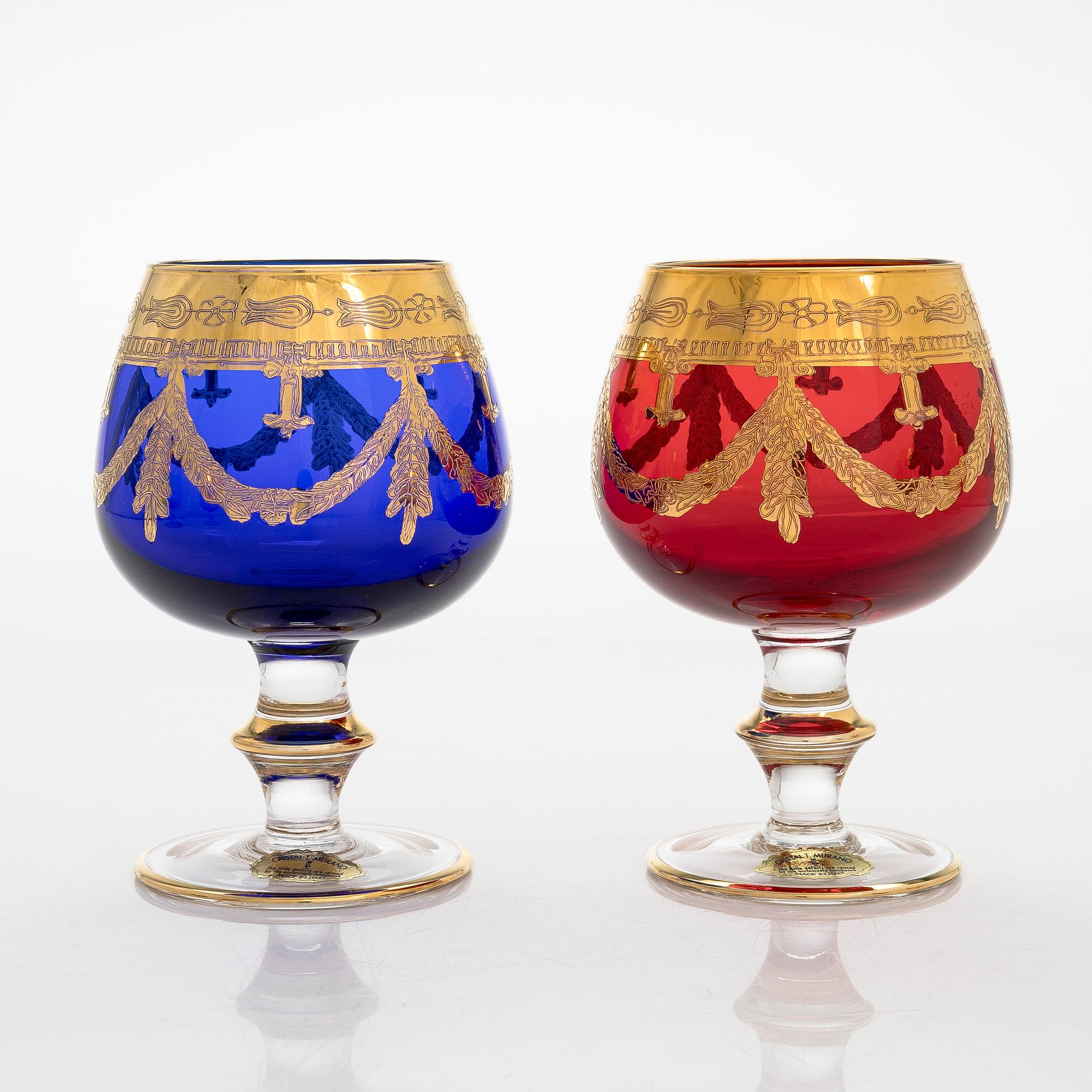 A set of six late 20th century Murano glasses, Italy.