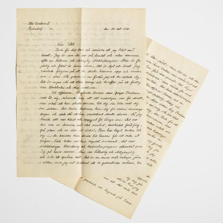 LETTER from Otto G. Carlsund to GAN (Gösta Adrian-Nilsson) in Lund, dated Stjärnhof 23 okt. 1930.