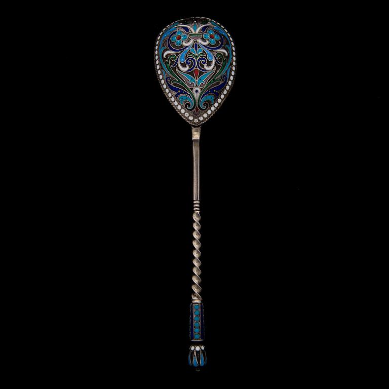 A SPOON, silver and enamel, St:Petersburg ca 1900, Ljubavin.