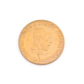An old swedish coin in gold, 20 kronor, Gustaf V, from 1925. 9 gram.