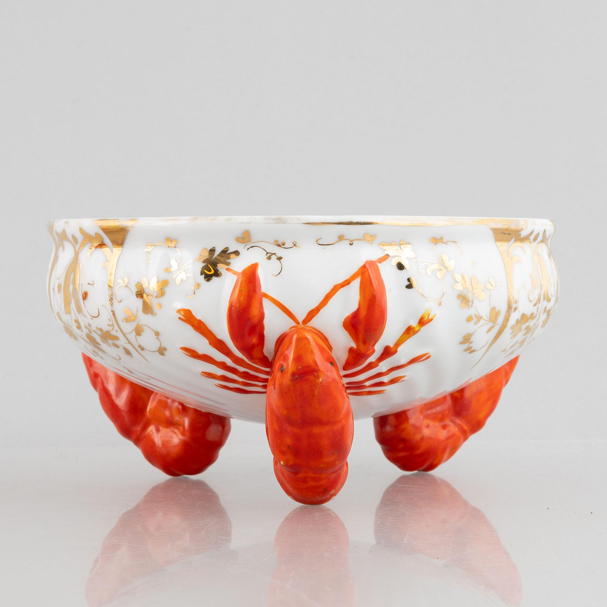 Two crayfish bowls, along with serving utensils and a carafe, late 19th to first half of the 20th Century.