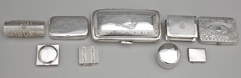 PARTI ASKAR OCH DOSOR, 8 st, silver, bla   Mattias Helén Västervik 1848. Totalvikt ca 425 gr.